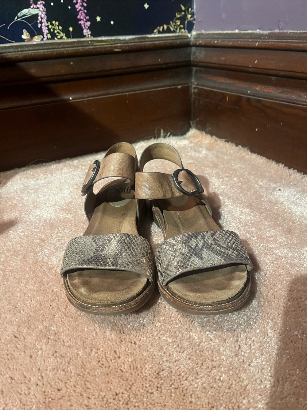 Sofft Women's Brown Snake-Print Leather Ankle-Strap Sandals